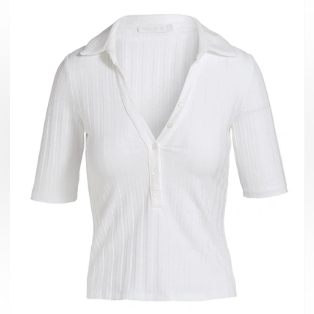 Jonathan Simkhai White Terri Ribbed Stretch Polo Shirt, Size L